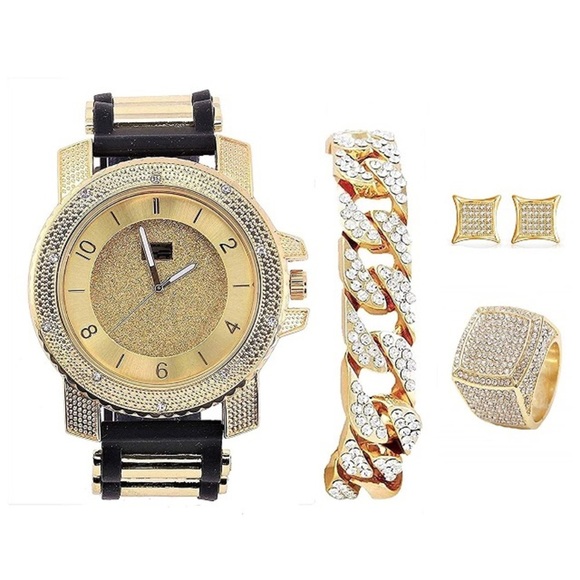 Watch Set -Cuban Chain Bracelet Earrings
